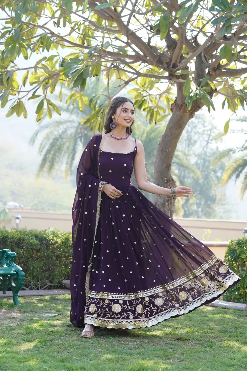 Luxury Wine Embroidered Sequin Gown with Designer Dupatta