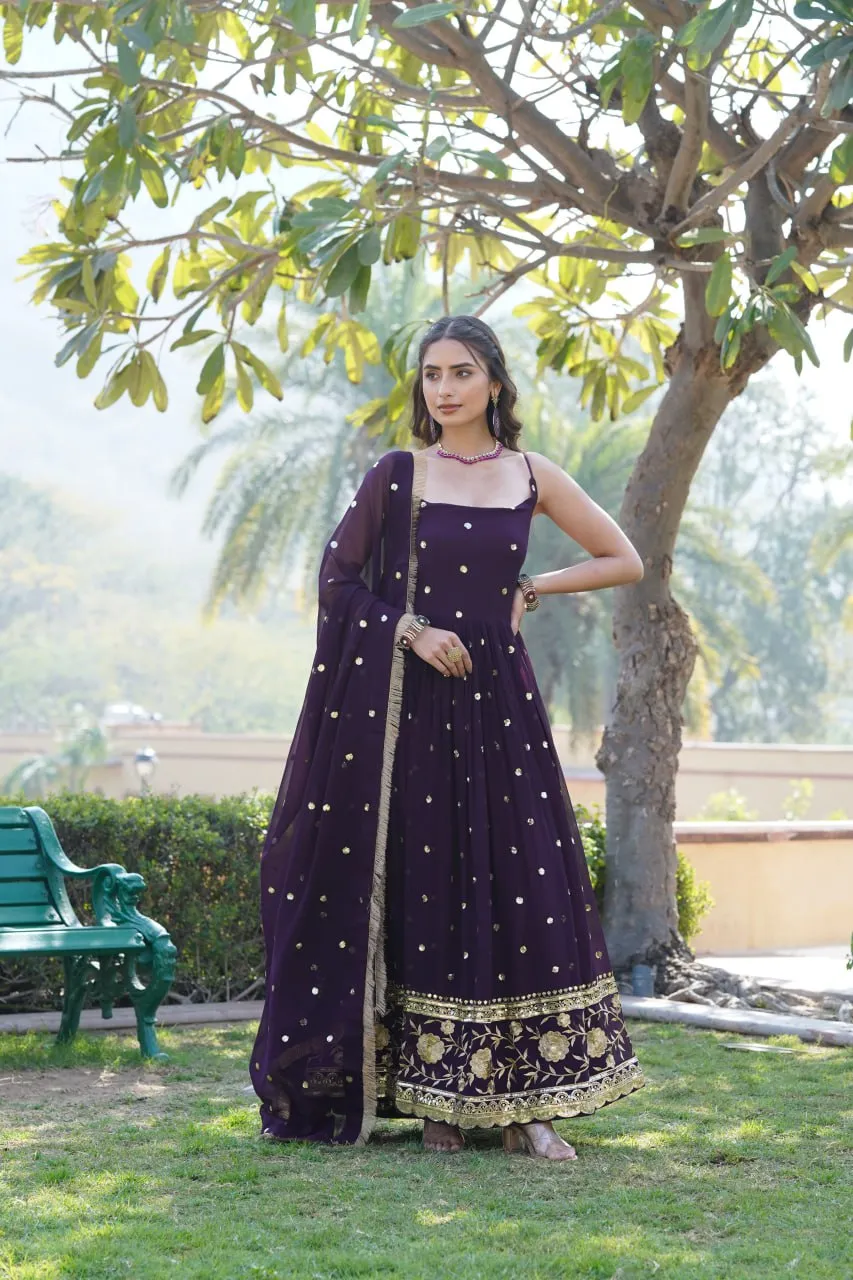 Luxury Wine Embroidered Sequin Gown with Designer Dupatta