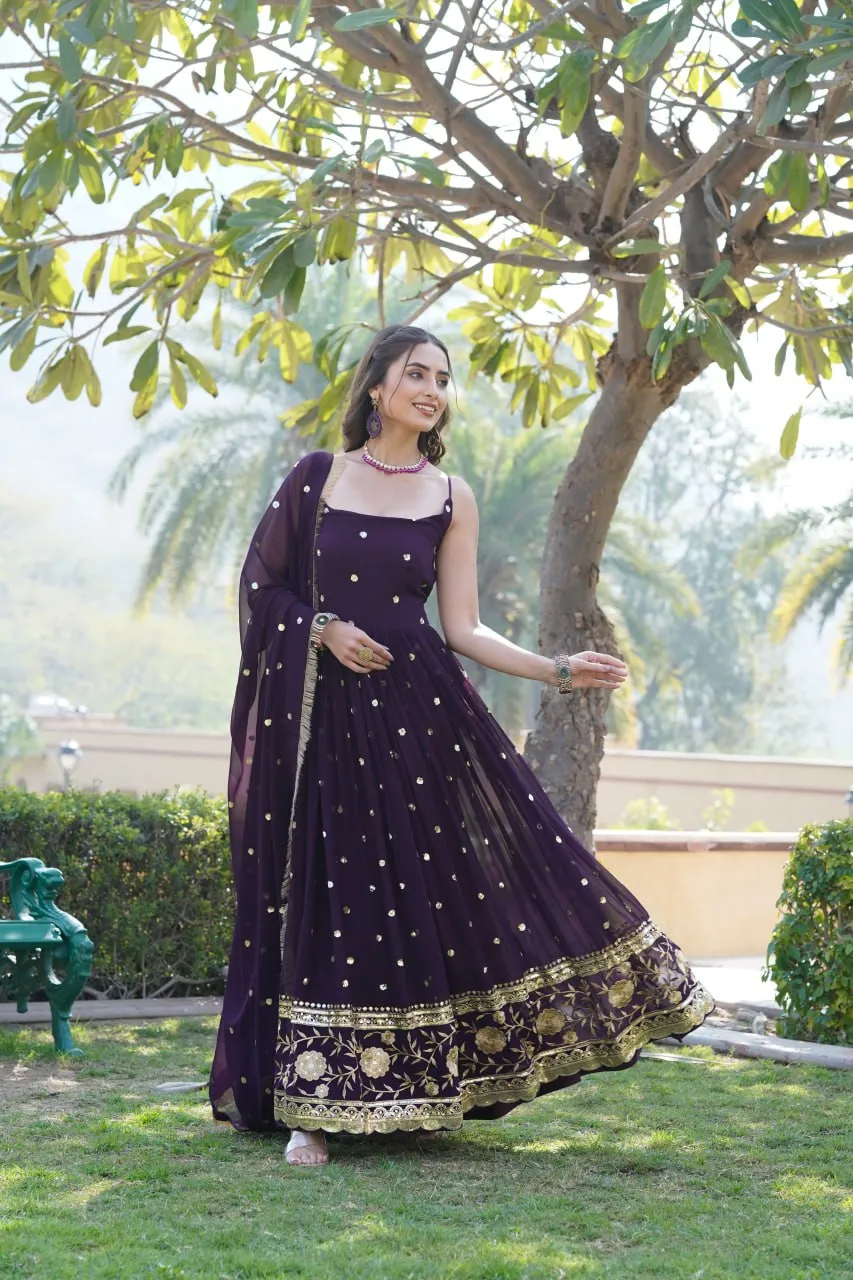 Luxury Wine Embroidered Sequin Gown with Designer Dupatta