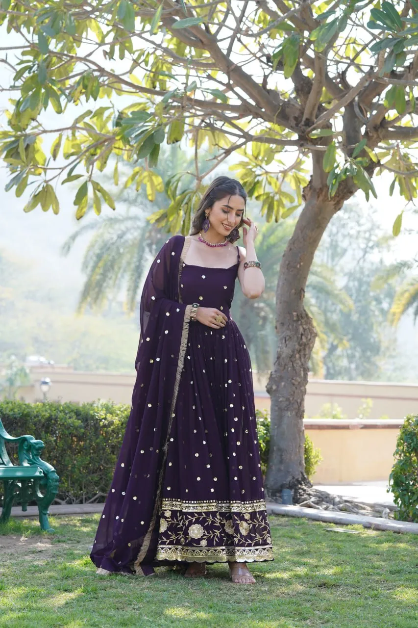 Luxury Wine Embroidered Sequin Gown with Designer Dupatta