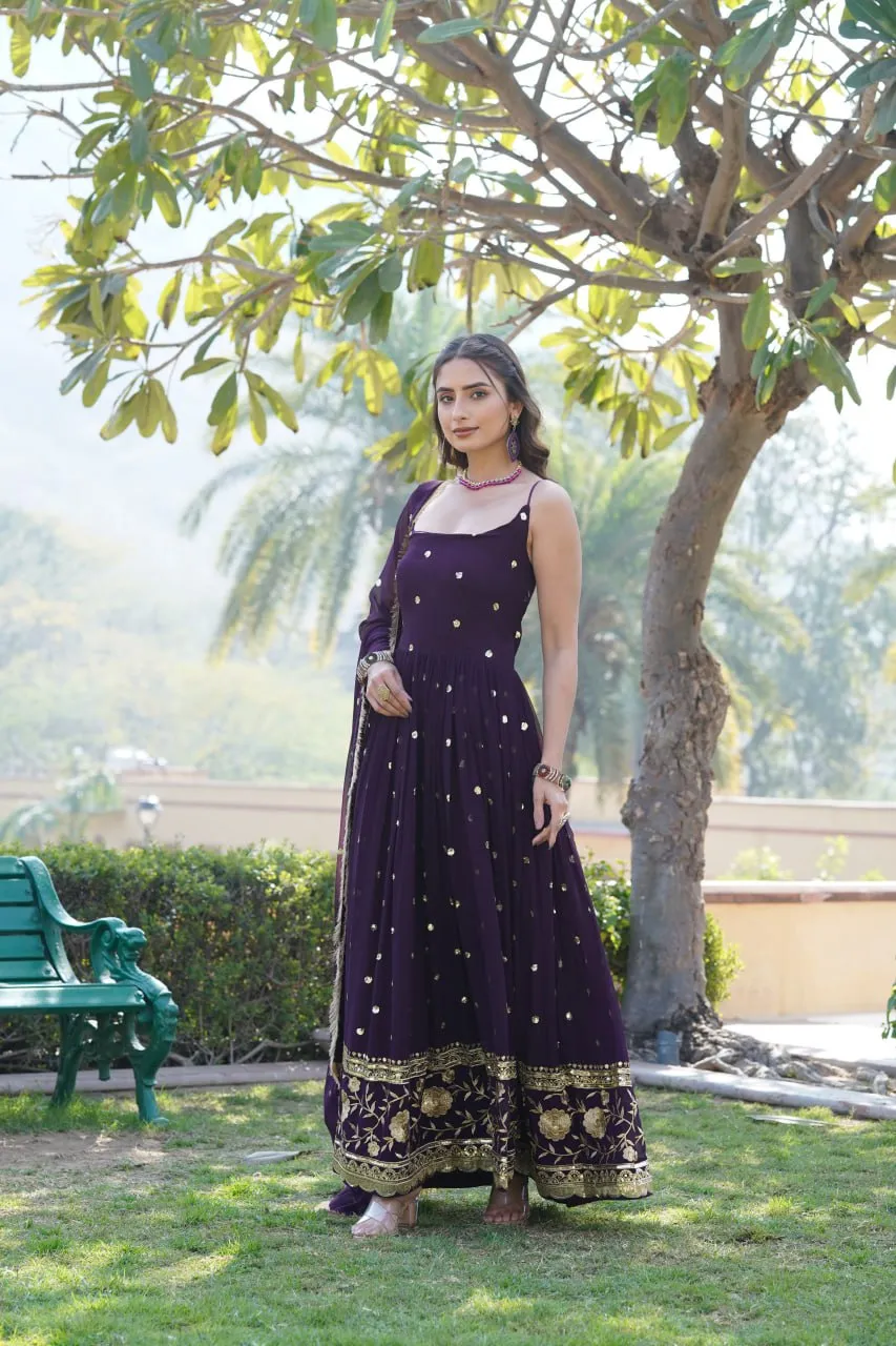 Luxury Wine Embroidered Sequin Gown with Designer Dupatta