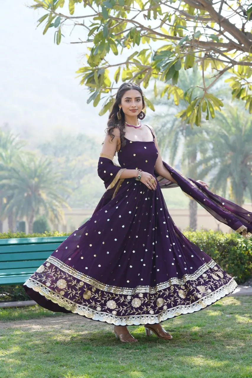 Luxury Wine Embroidered Sequin Gown with Designer Dupatta