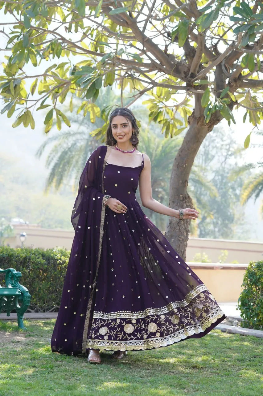 Luxury Wine Embroidered Sequin Gown with Designer Dupatta