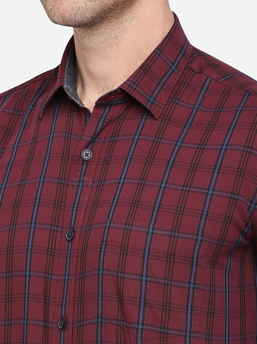 Maroon Checked Slim Fit Semi Casual Shirt | Greenfibre