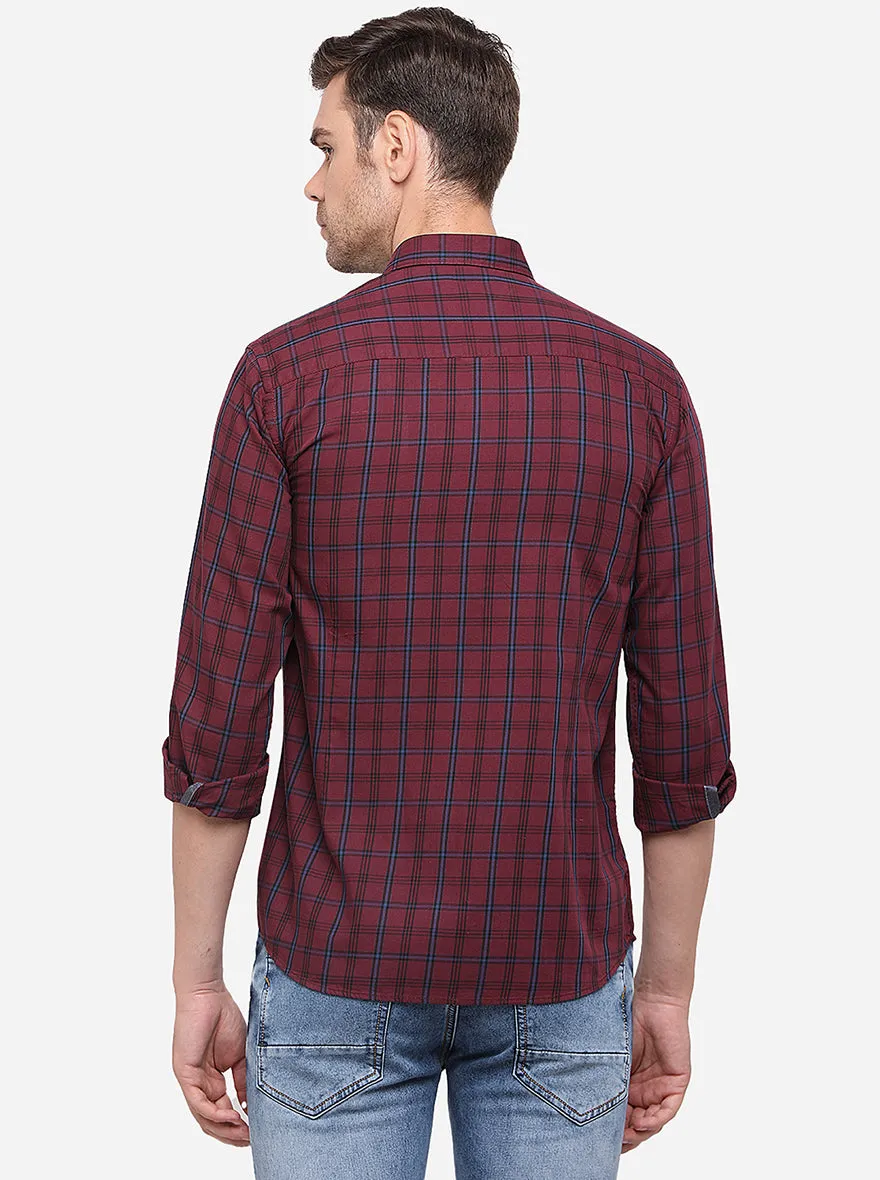 Maroon Checked Slim Fit Semi Casual Shirt | Greenfibre