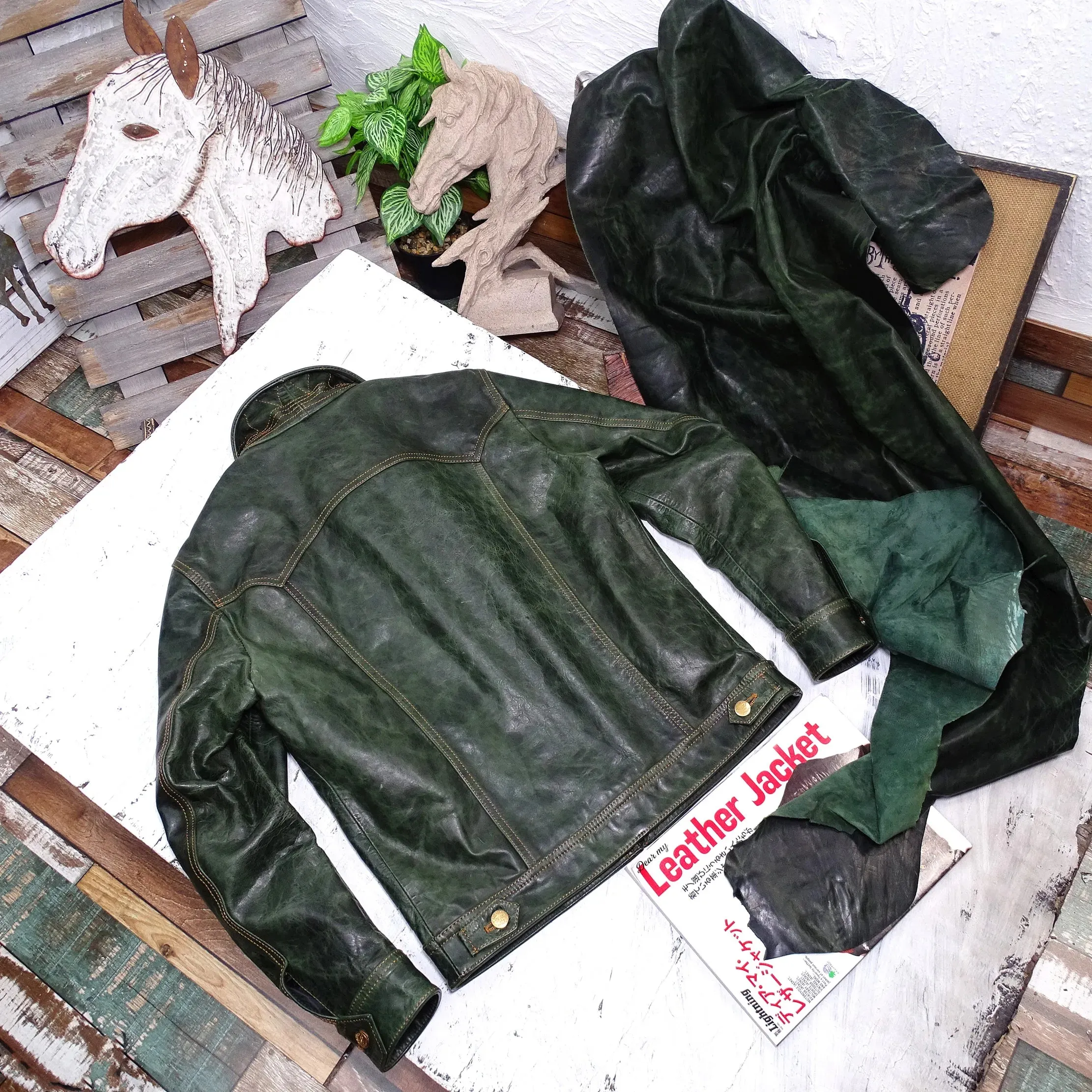 Men's Horsehide Leather Jacket Short Slim Stiff Green Classic Cowboy Coat