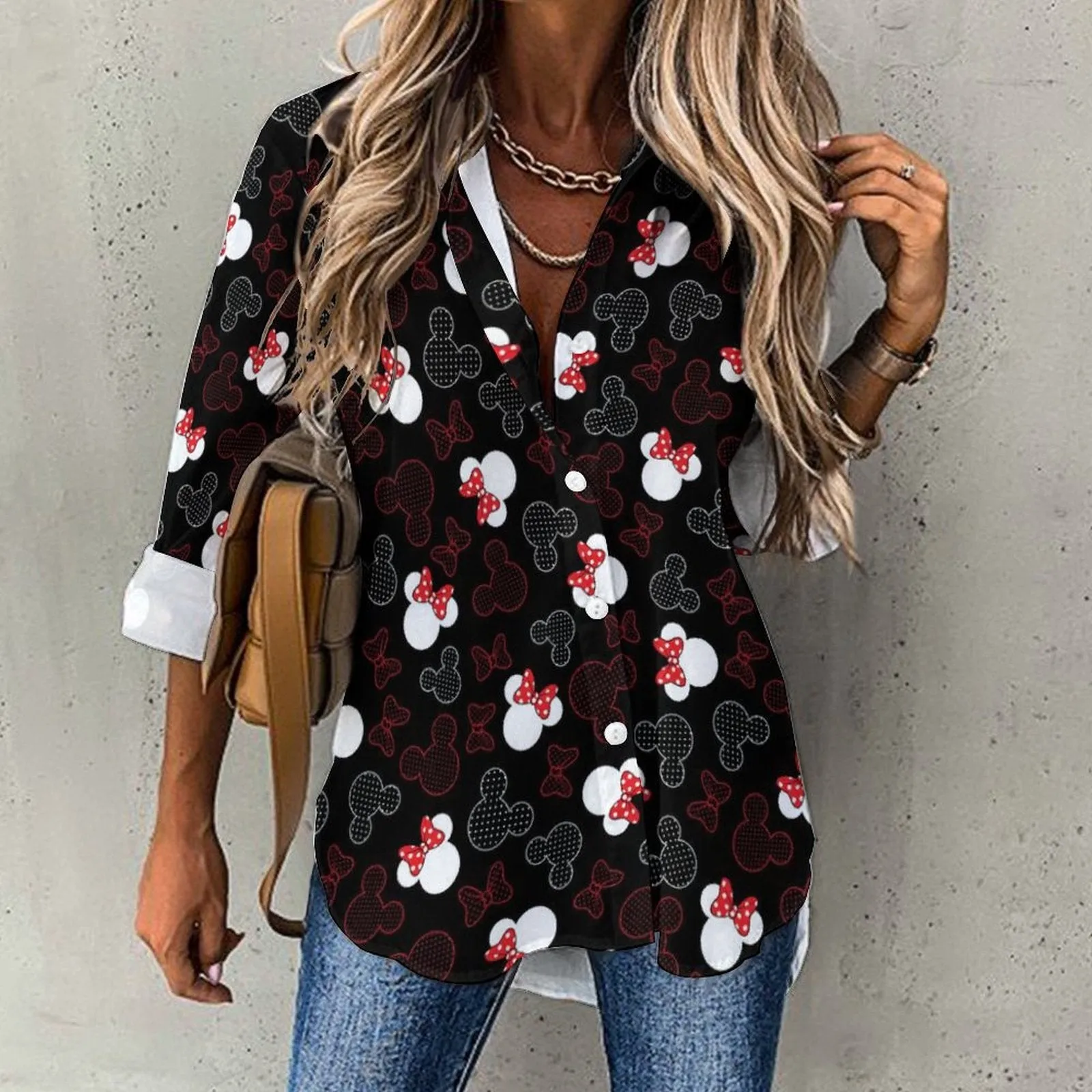 Mickey And Minnie Dots Long Sleeve Button Up Blouse