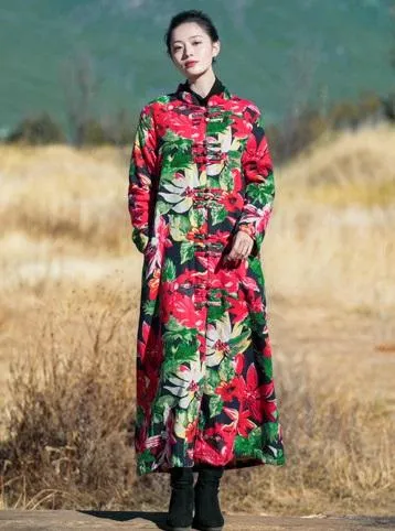 National Style Floral Retro Slim Long Cotton Velvet Robes Coat