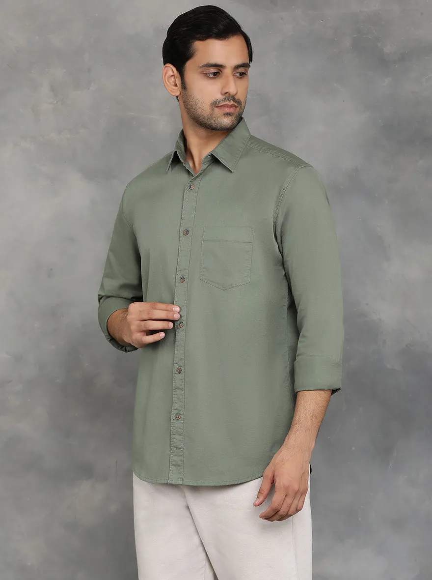 Olive Green Solid Slim Fit Casual Shirt | JadeBlue