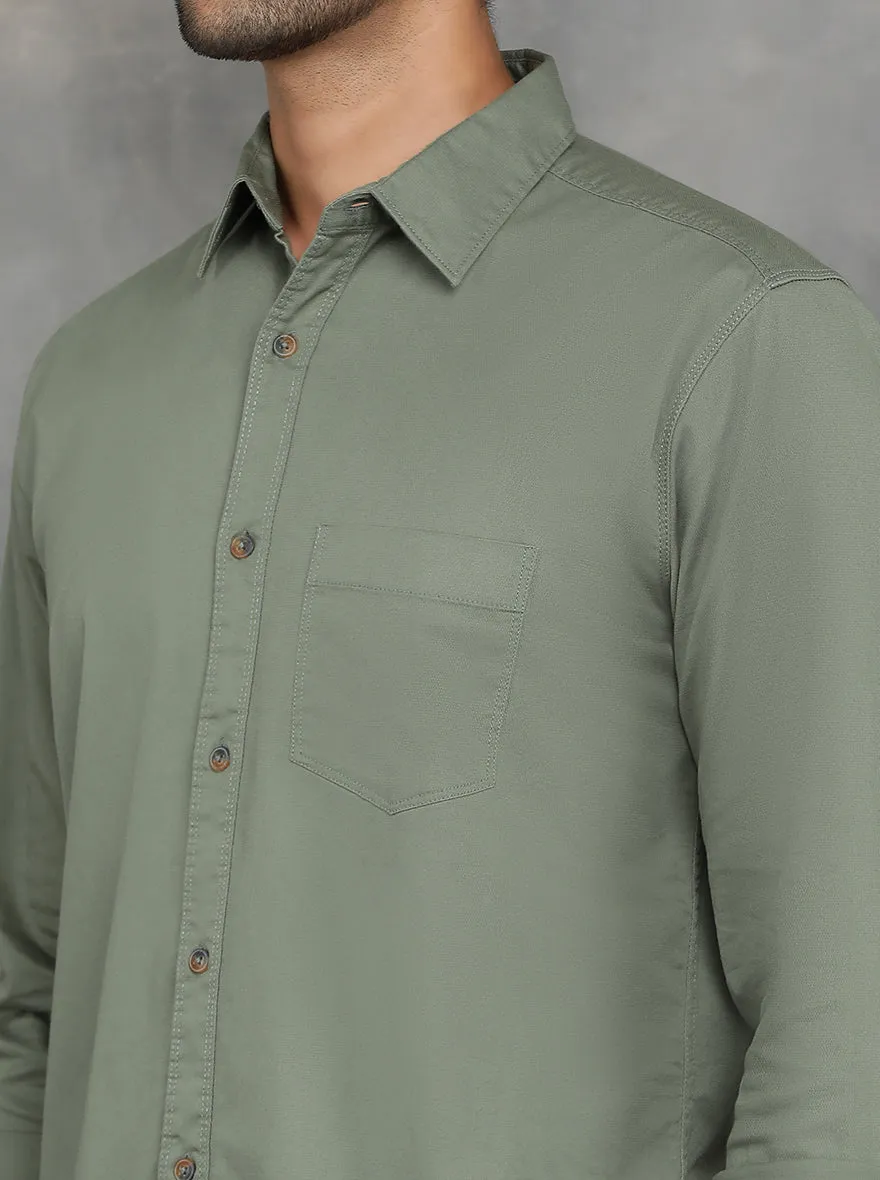 Olive Green Solid Slim Fit Casual Shirt | JadeBlue