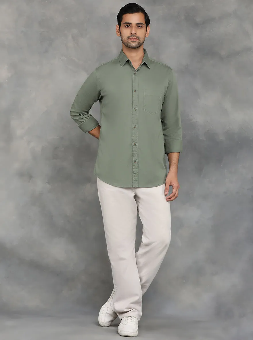 Olive Green Solid Slim Fit Casual Shirt | JadeBlue