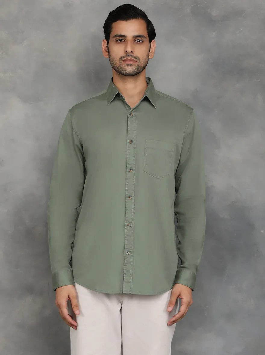 Olive Green Solid Slim Fit Casual Shirt | JadeBlue