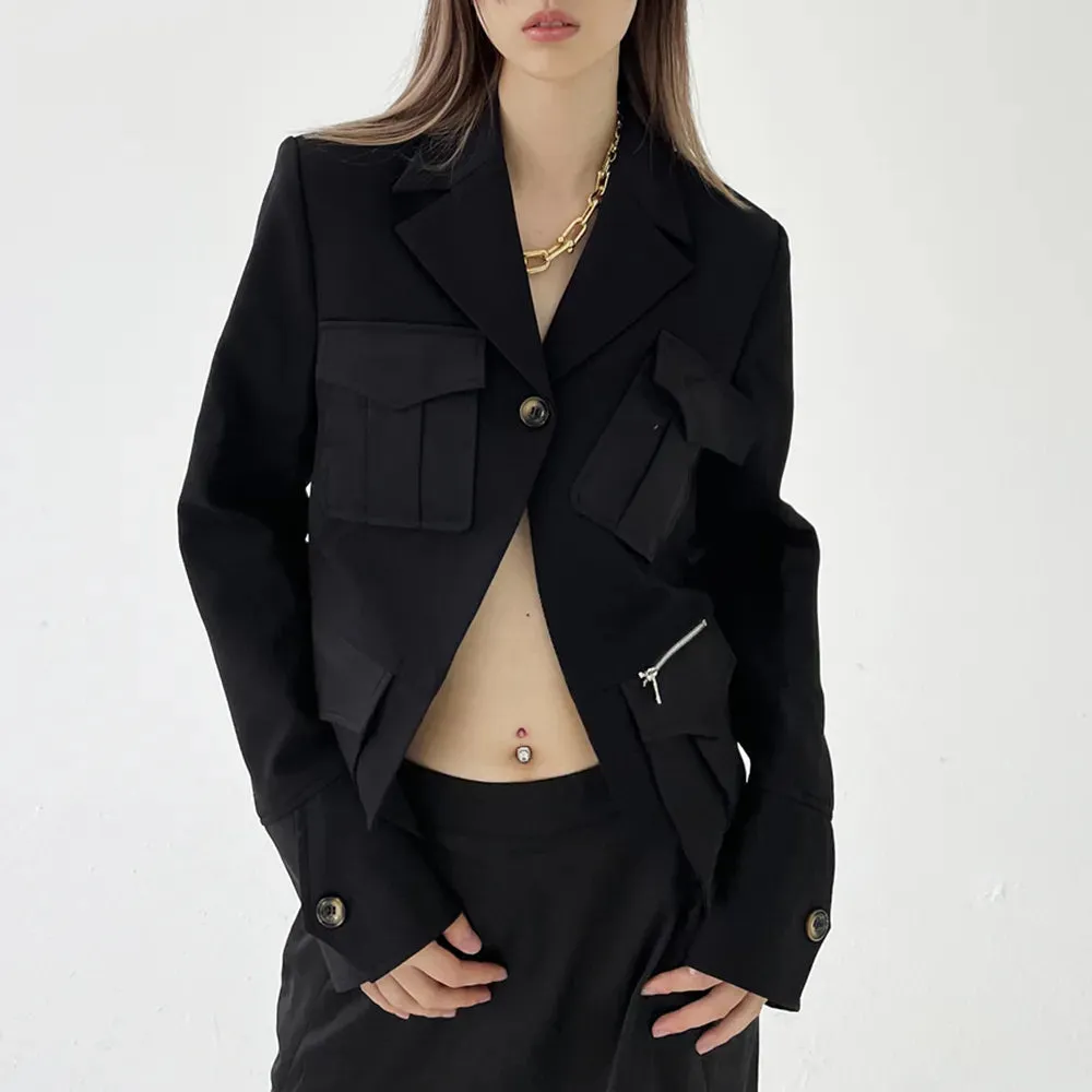 Patchwork Zipper Blazers For Women Lapel Long Sleeve Single Button Slim Temeprament Blazer Female Fashion