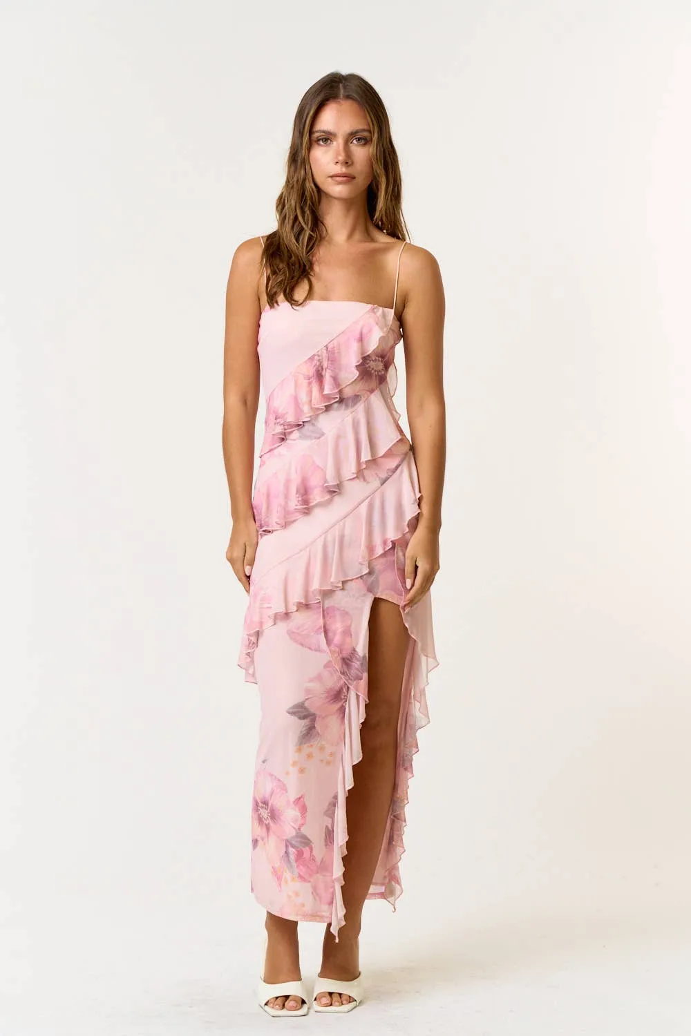 Pink Floral Mesh Asymmetric Ruffle Maxi Dress