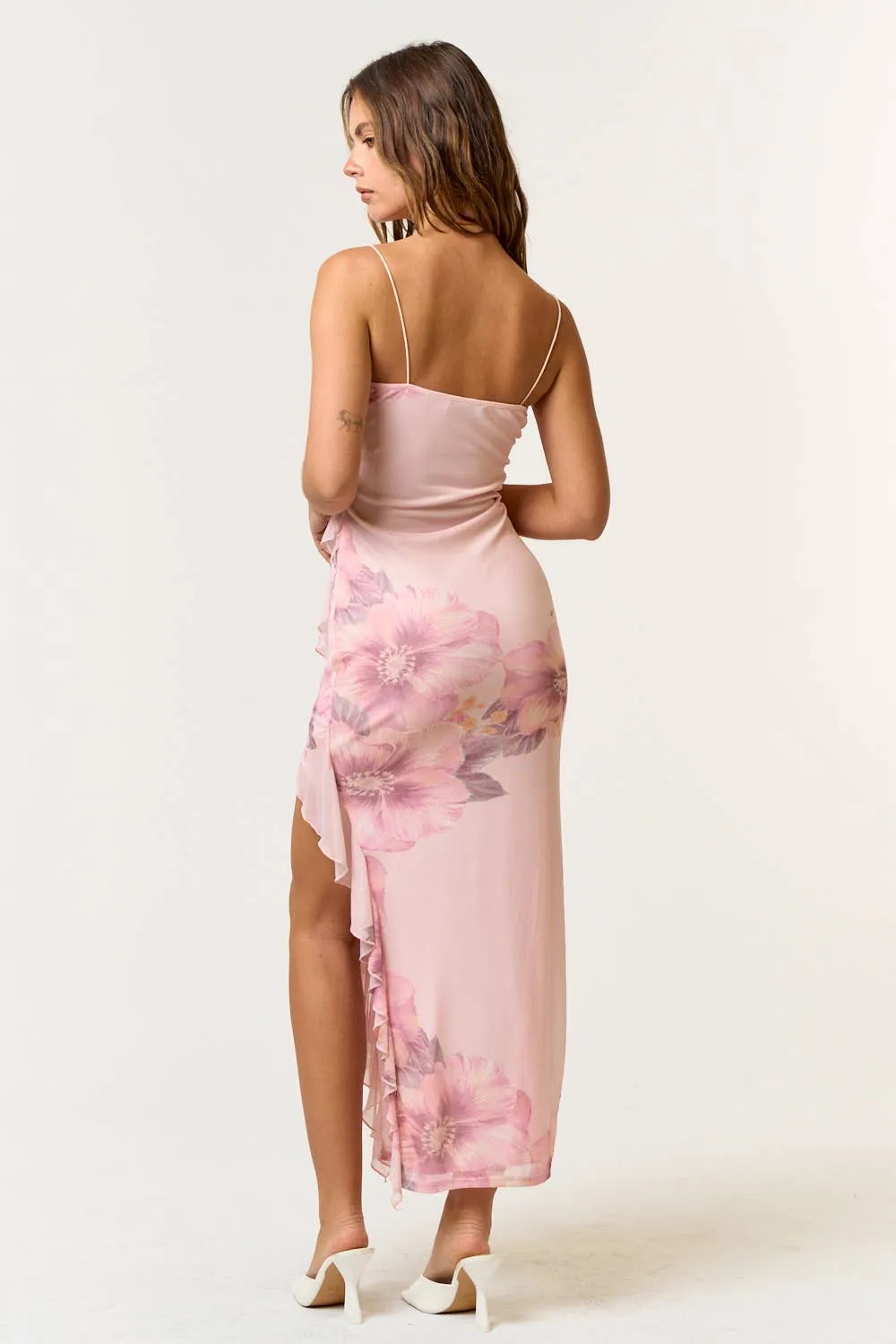 Pink Floral Mesh Asymmetric Ruffle Maxi Dress