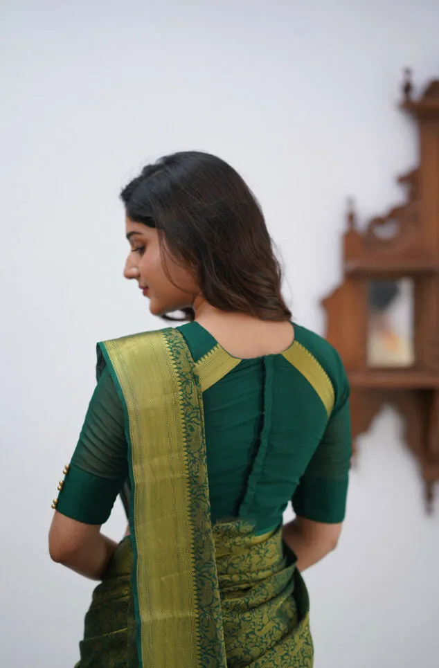 Pleasurable Dark Green Soft Silk Saree With Petrichor Blouse Piece