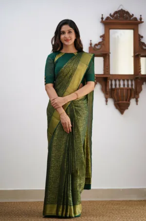 Pleasurable Dark Green Soft Silk Saree With Petrichor Blouse Piece