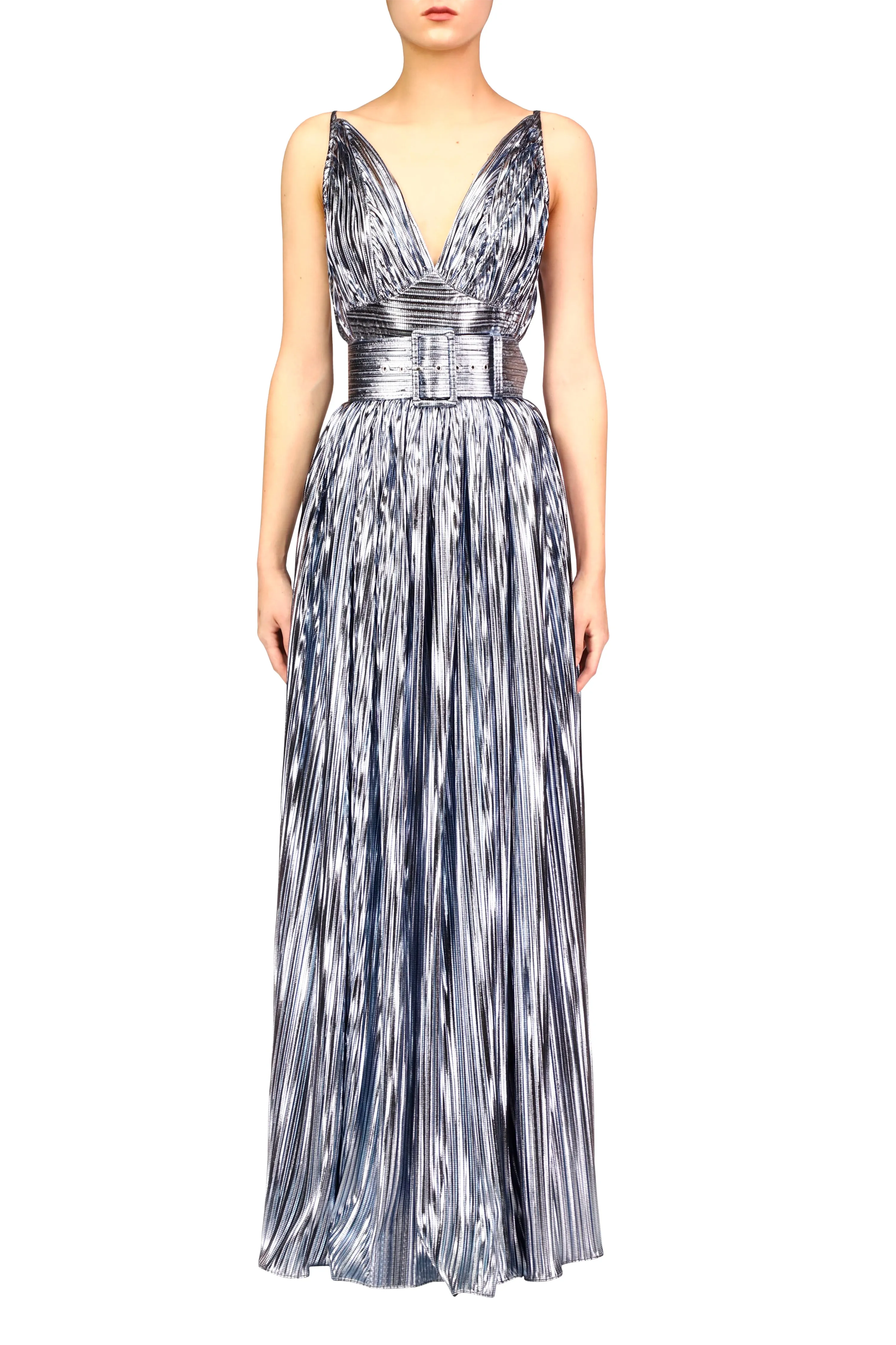 Pleated Light Blue Metallic Lamé Halter Gown with Belt