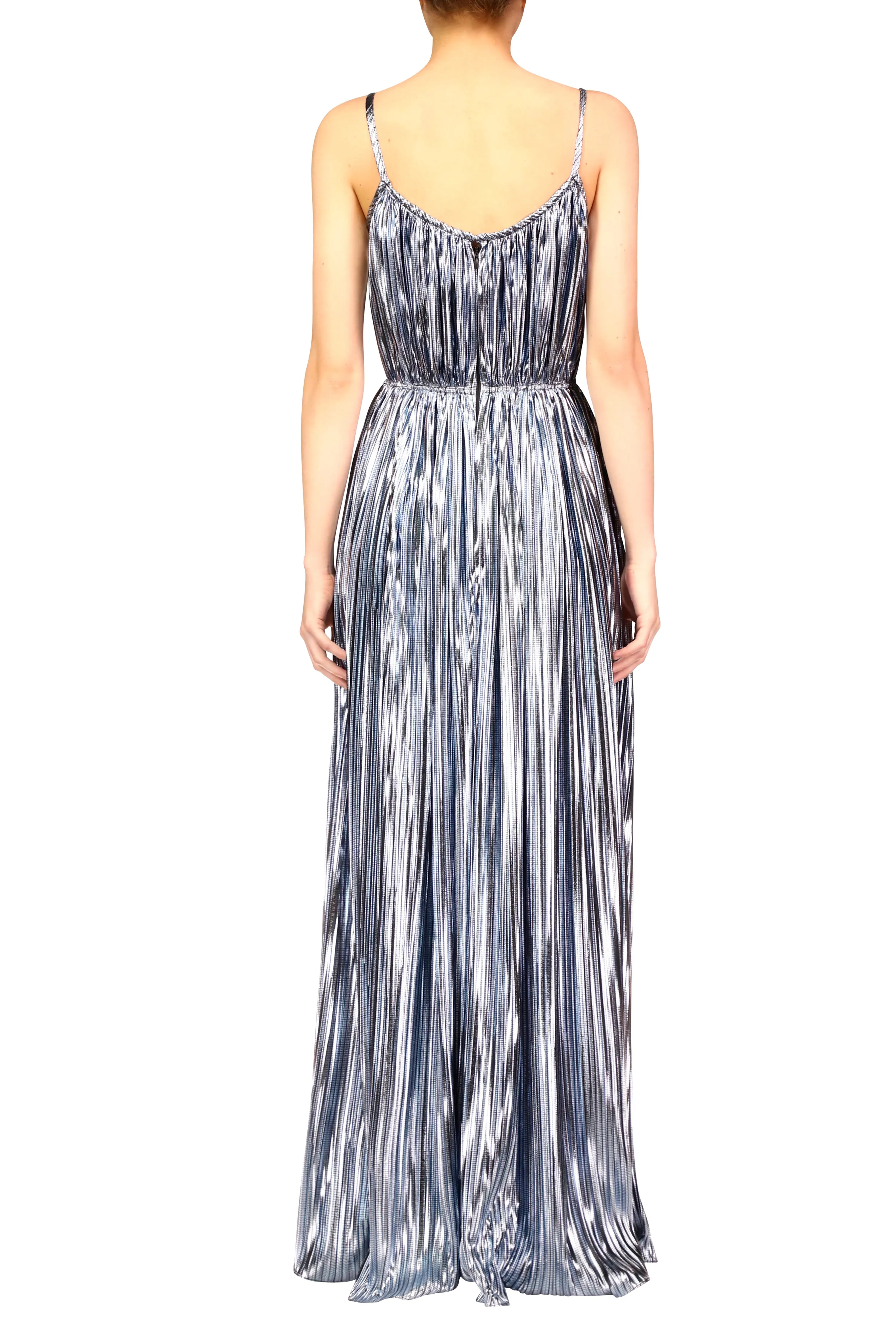 Pleated Light Blue Metallic Lamé Halter Gown with Belt