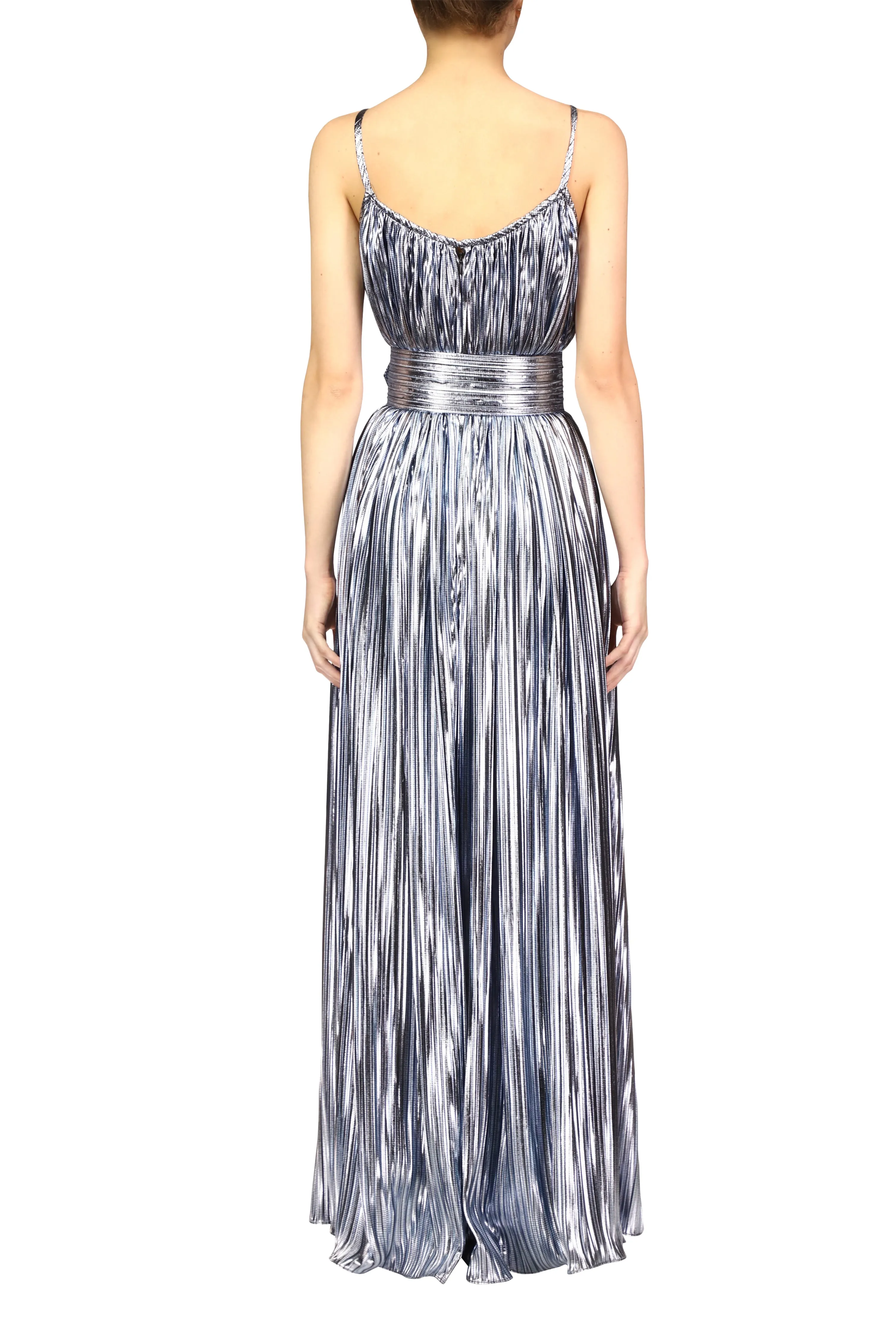 Pleated Light Blue Metallic Lamé Halter Gown with Belt