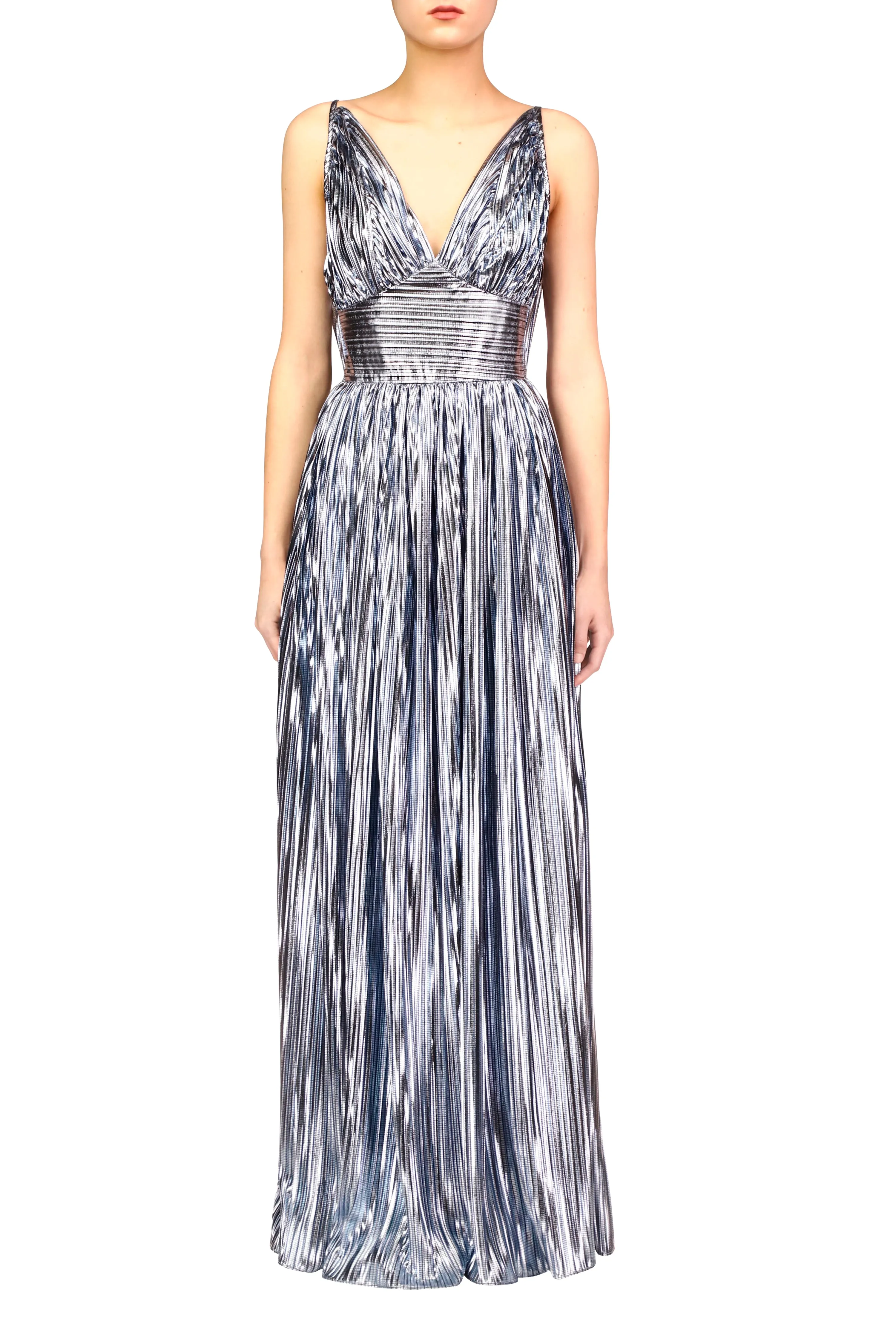 Pleated Light Blue Metallic Lamé Halter Gown with Belt