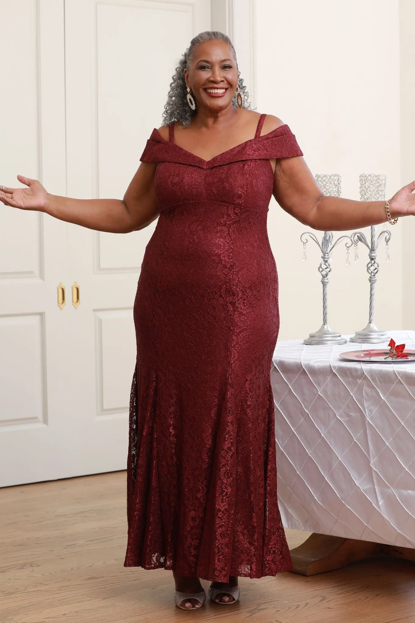 Plus Size R&M Richards Women's Off-The-Shoulder Lace Gown - Mother of the Bride Dress