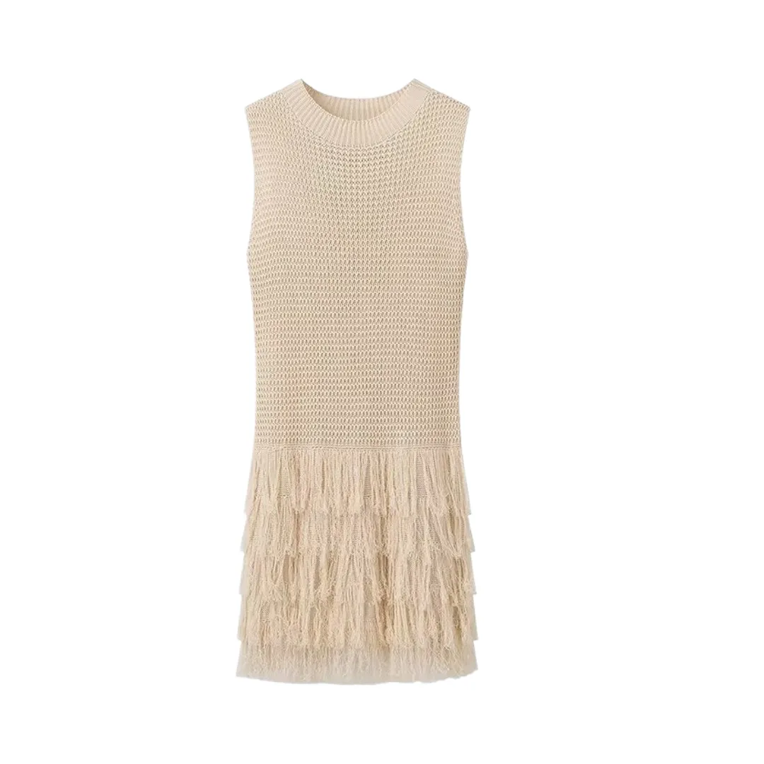 Pre Order:  Knitted Sleeveless Round Neck Hollow Out Tassel Dress