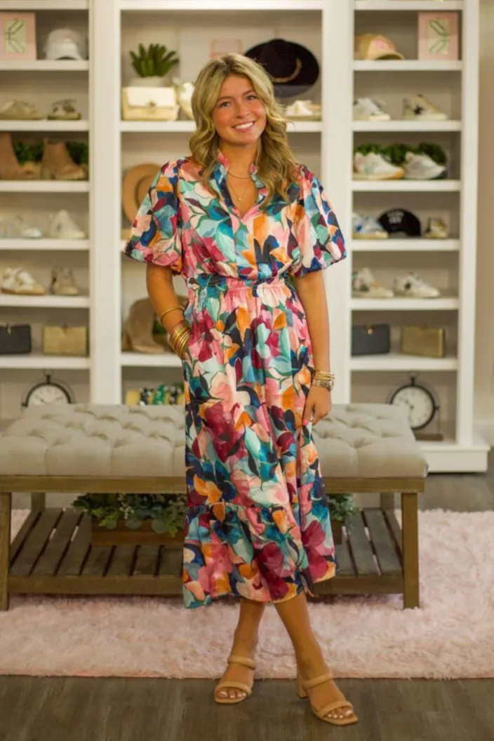 Puff Sleeve Floral Print Maxi Dress