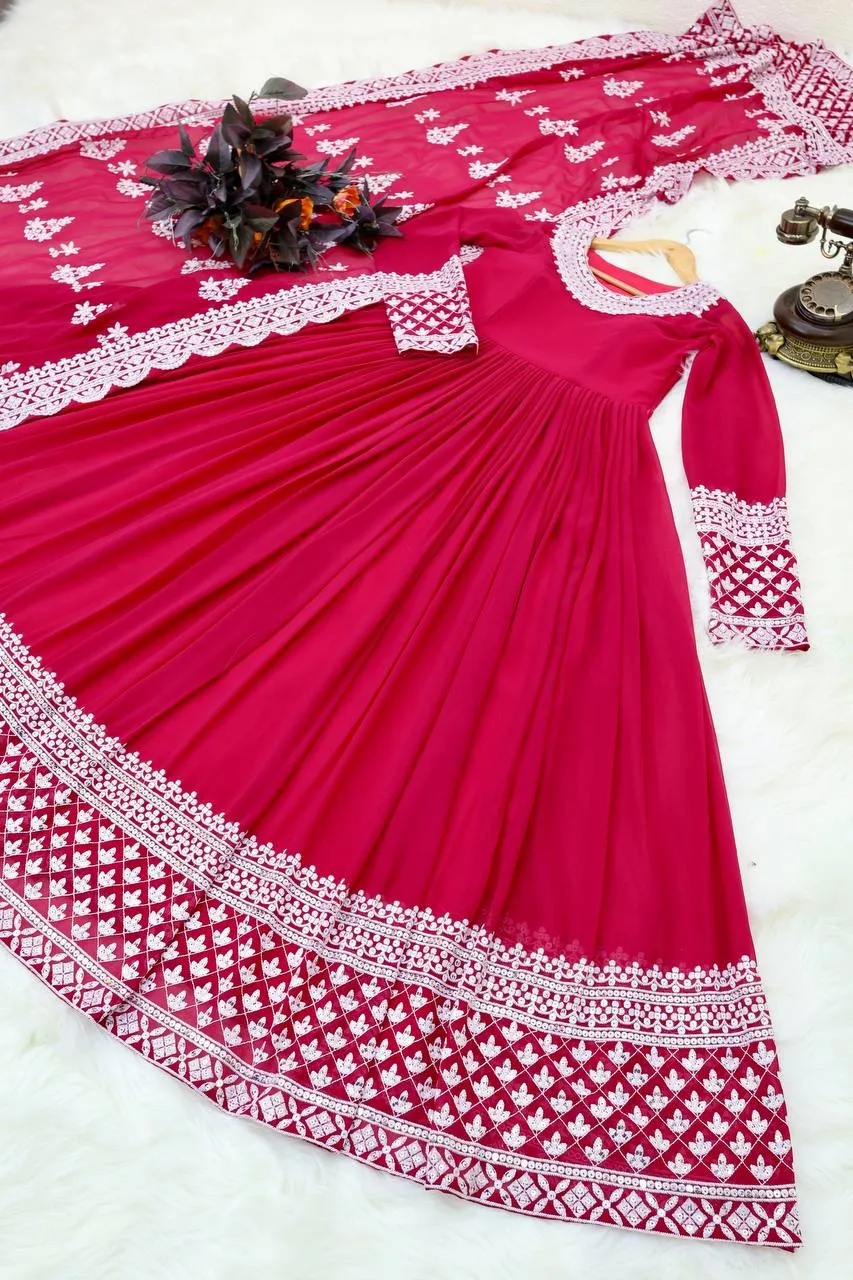 Rani Pink Fox Georgette Sequin Embroidered Gown with Flowing Skirt and Matching Dupatta