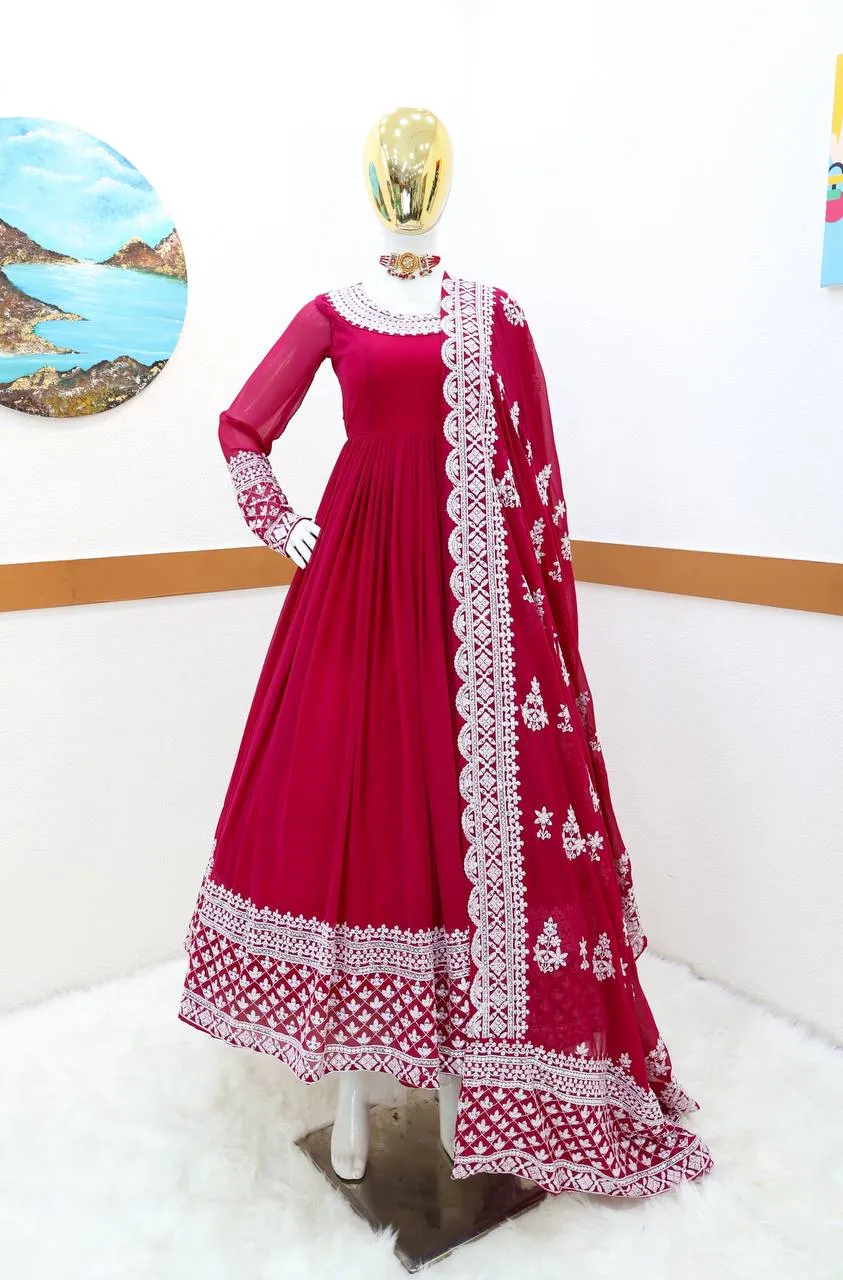 Rani Pink Fox Georgette Sequin Embroidered Gown with Flowing Skirt and Matching Dupatta