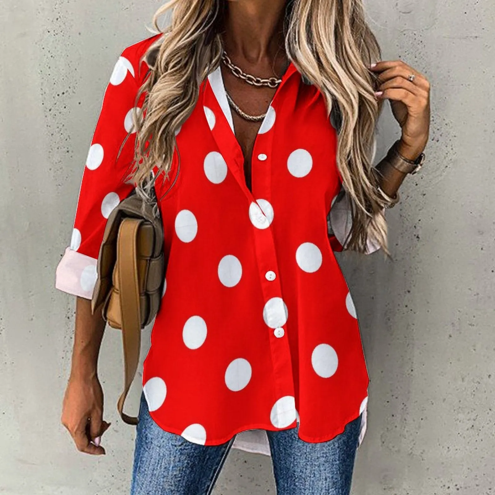 Red With White Polka Dots Long Sleeve Button Up Blouse