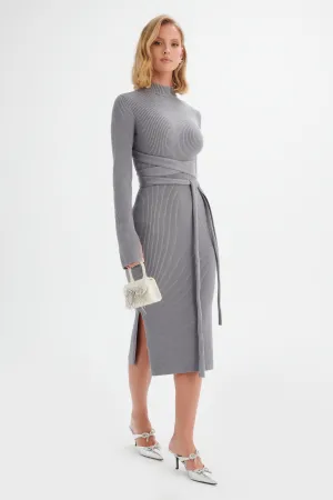 ROMI Knitted Ribbed Open Back Sleeved Midi Dress In Grey