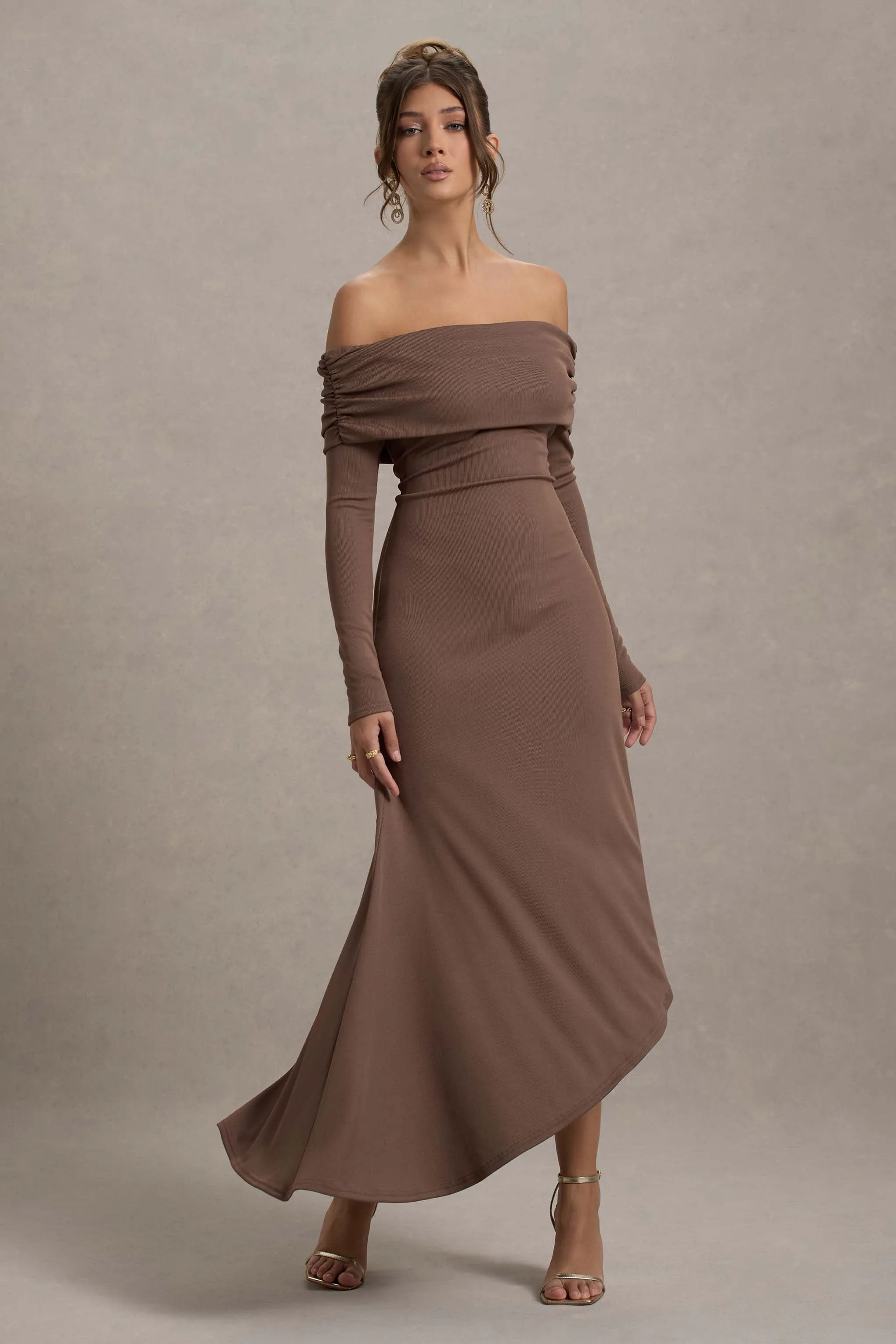 Romina | Mocha Rib Knit Bardot Maxi Dress With Asymmetric Hem