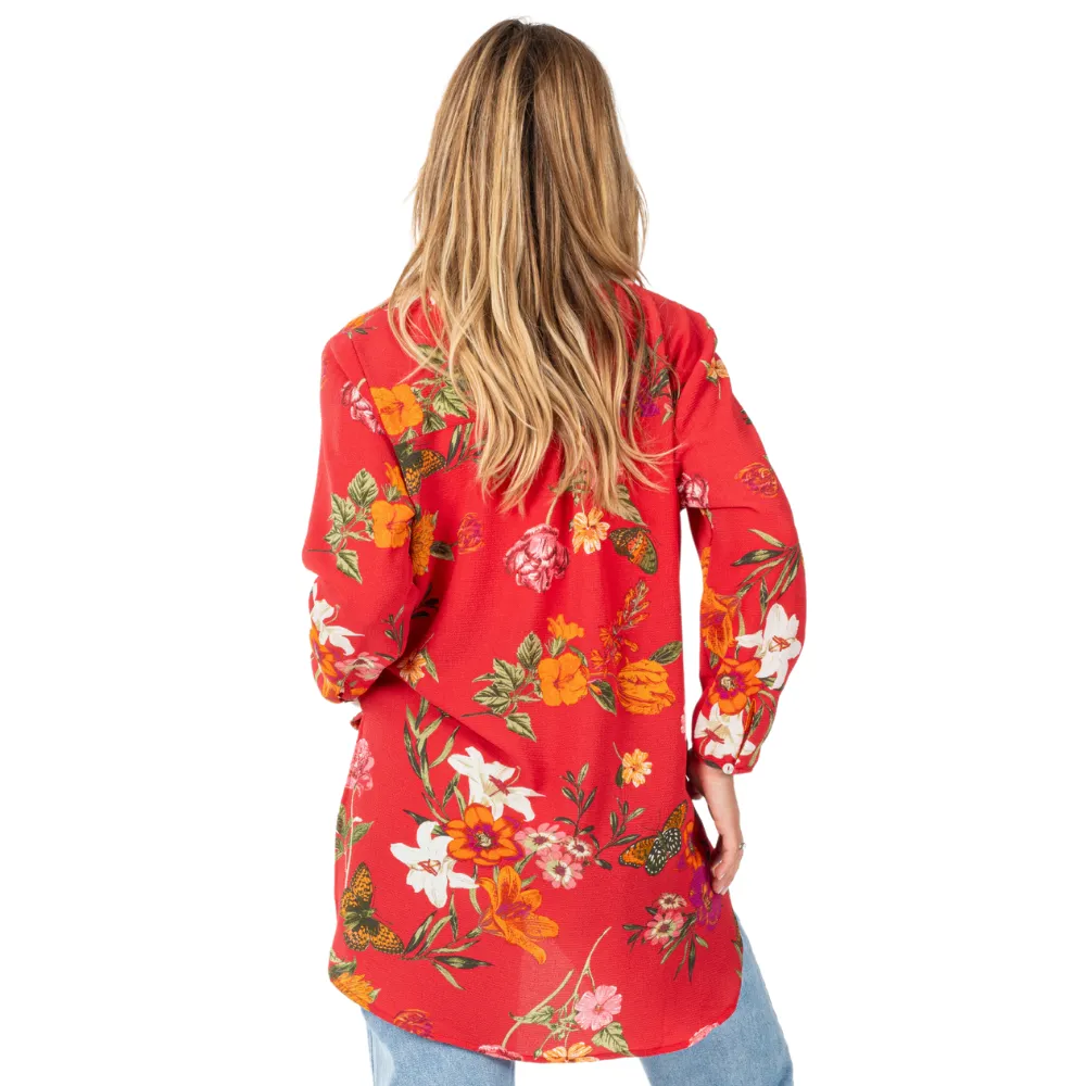 Rose   Everly Butterfly Print 3/4 Sleeve Round Neck Button Tunic