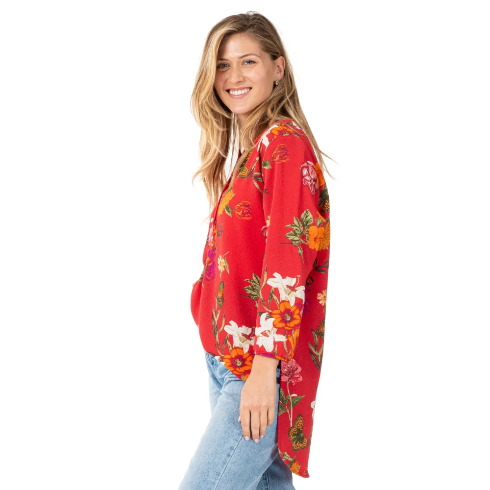 Rose   Everly Butterfly Print 3/4 Sleeve Round Neck Button Tunic