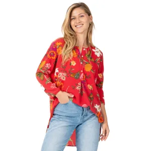 Rose   Everly Butterfly Print 3/4 Sleeve Round Neck Button Tunic