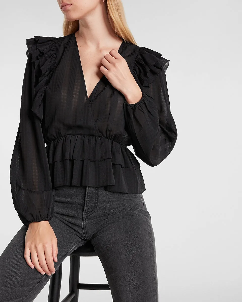 Ruffle Tiered Peplum Blouse in Pitch Black