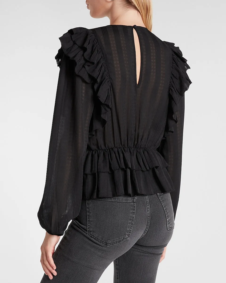 Ruffle Tiered Peplum Blouse in Pitch Black