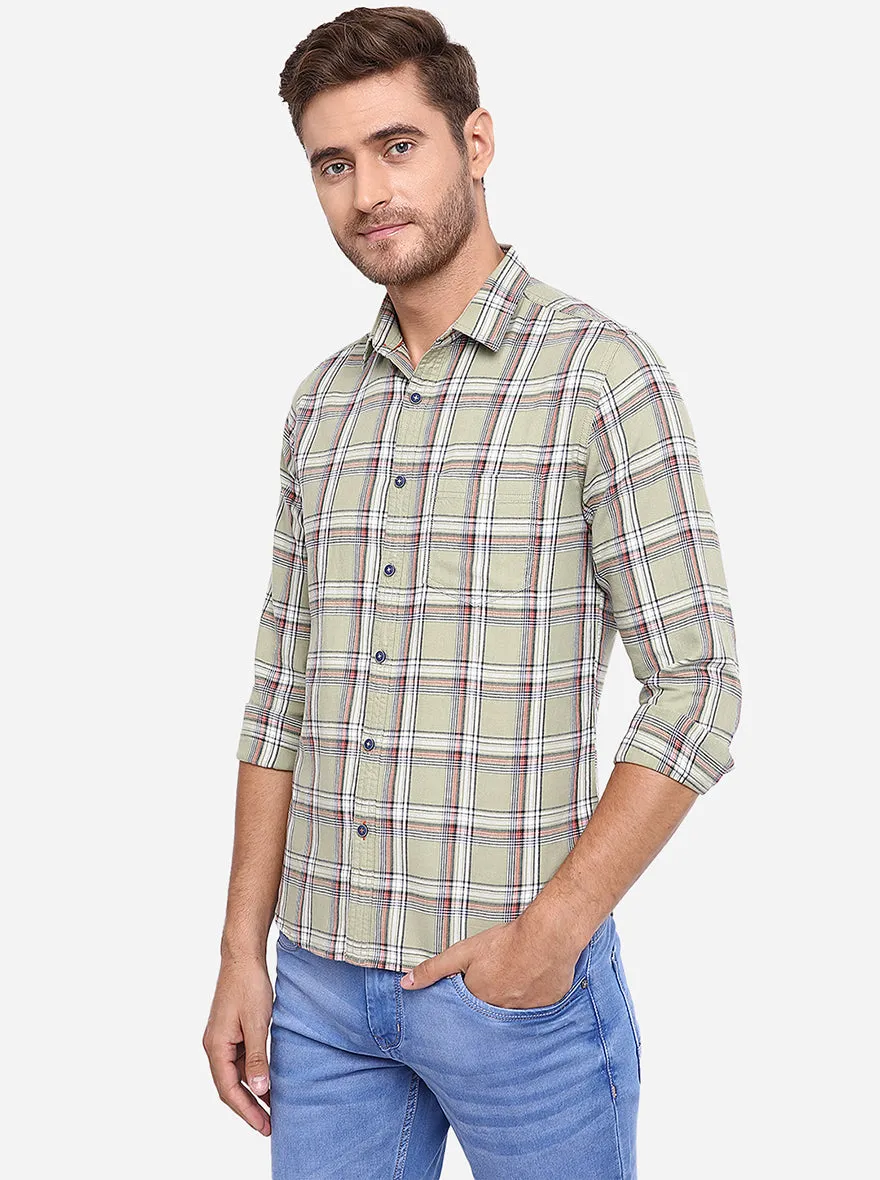 Sage Green Checked Slim Fit Casual Shirt | Greenfibre