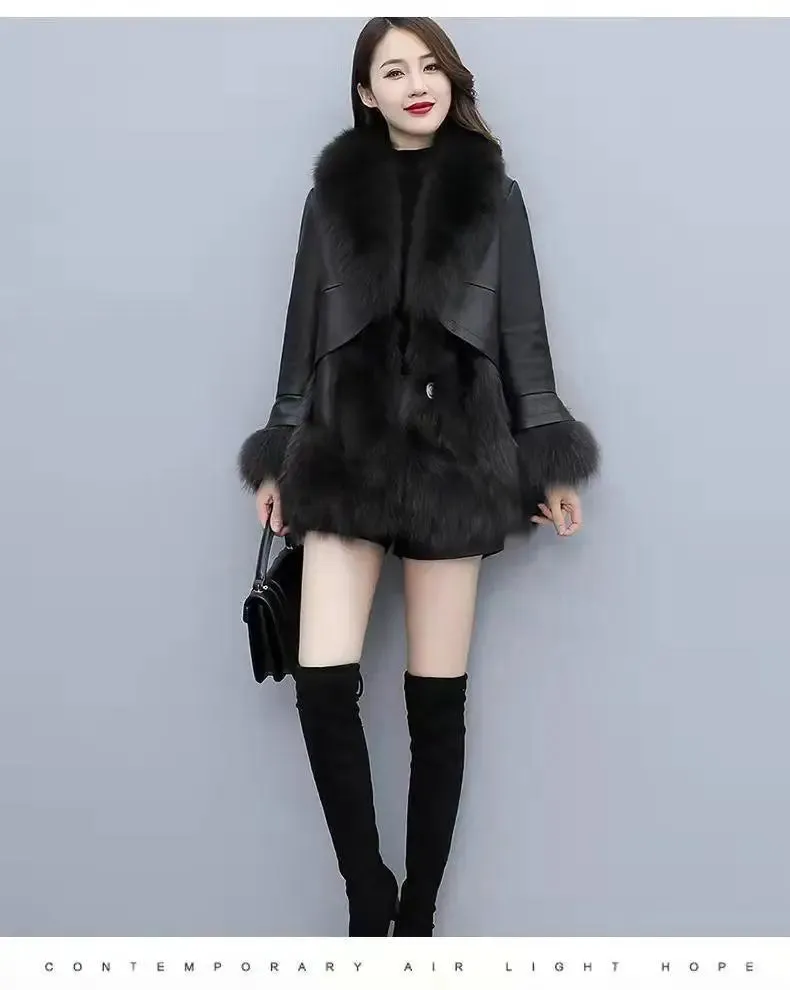 Slim-Fit Faux Fox Fur Mid-Length Leather Coats