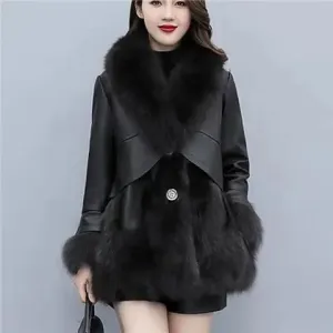 Slim-Fit Faux Fox Fur Mid-Length Leather Coats