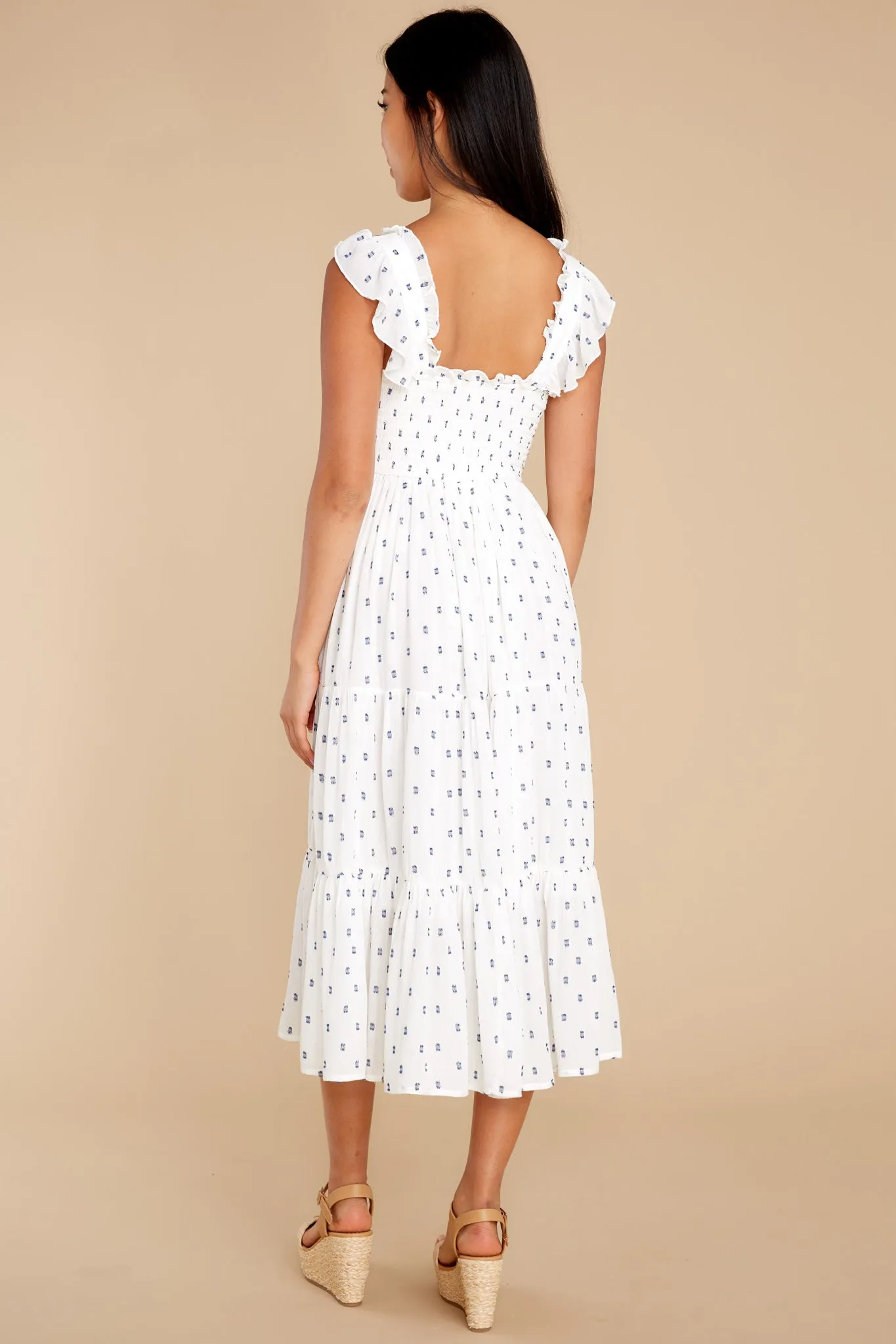 Sounds Of Silence White And Navy Dot Ruffle Midi Dress