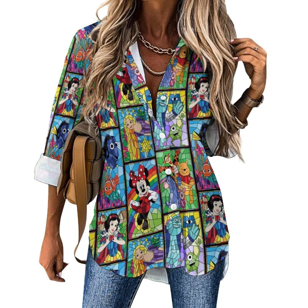 Stained Glass Characters Long Sleeve Button Up Blouse