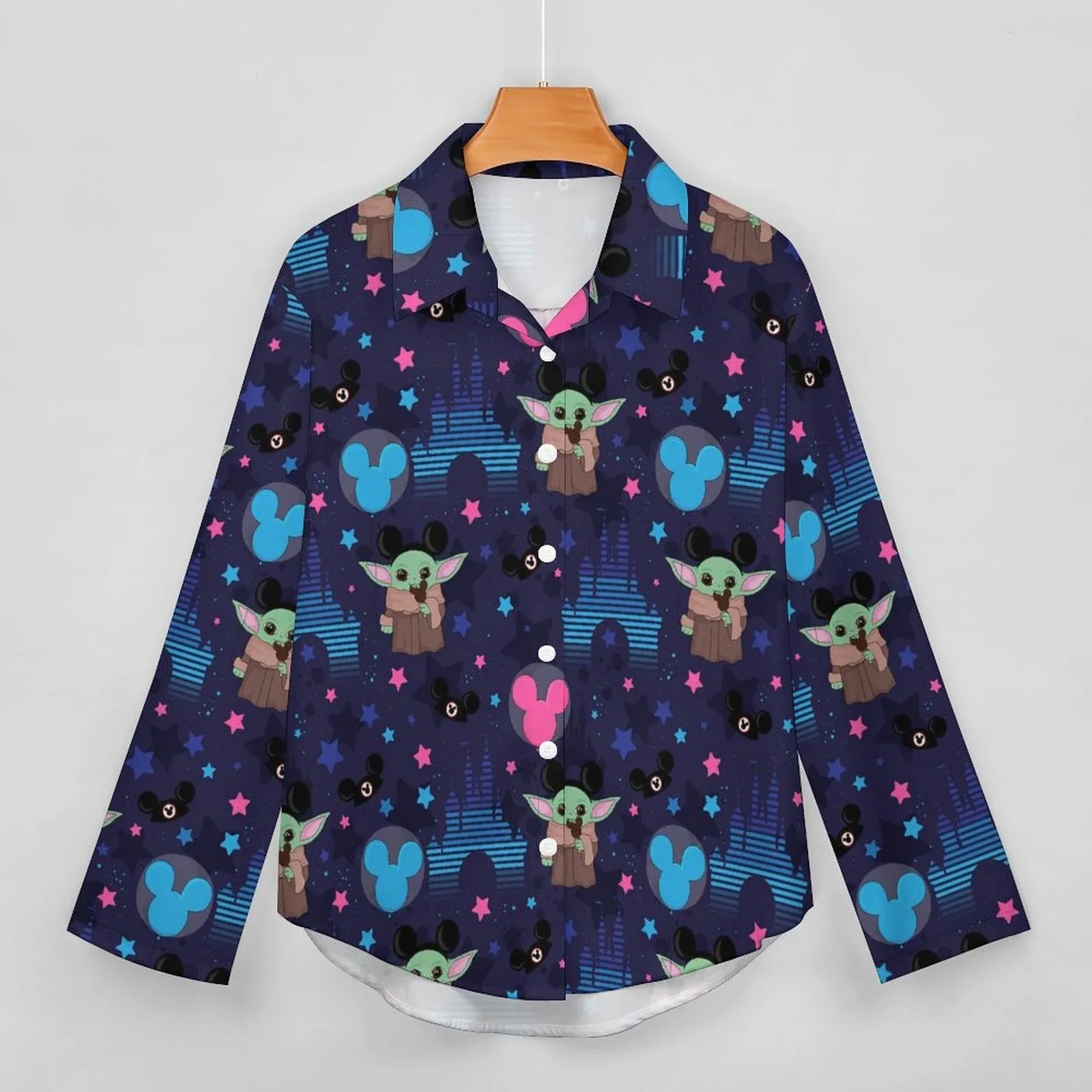 Star Wars Baby Yoda Castles Long Sleeve Button Up Blouse