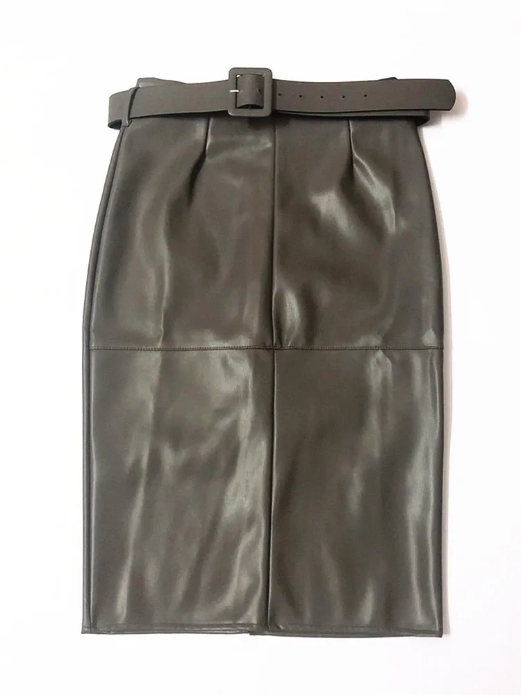 Stylish PU Leather Wrap Midi Skirt with Belt - Culture Heaven Special