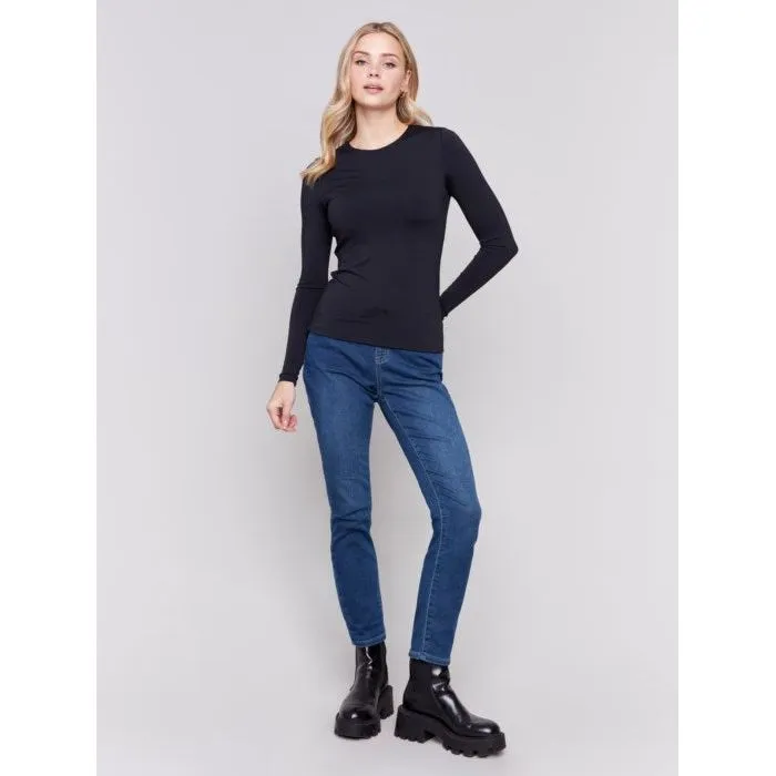 Super Stretch Long Sleeve Top Double Cloth Knit in Black