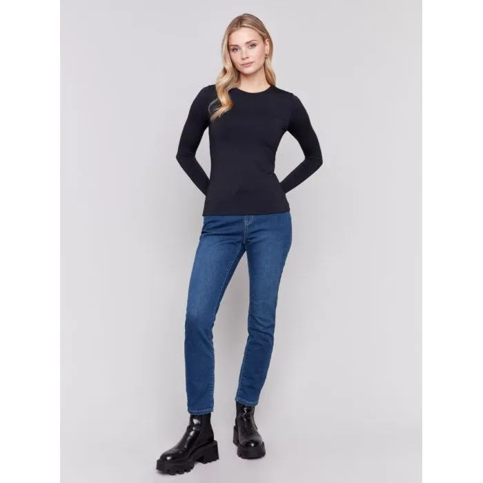 Super Stretch Long Sleeve Top Double Cloth Knit in Black