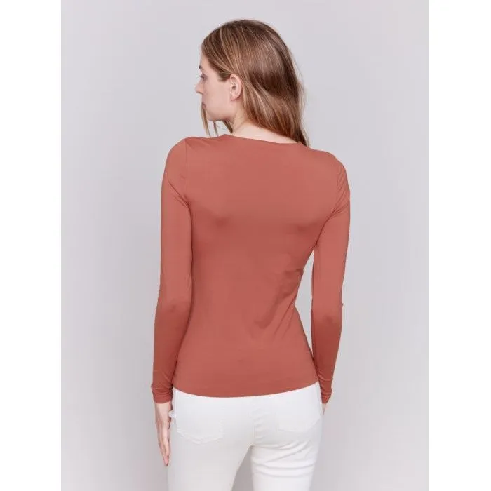 Super Stretch Long Sleeve Top Double Cloth Knit in Terracotta