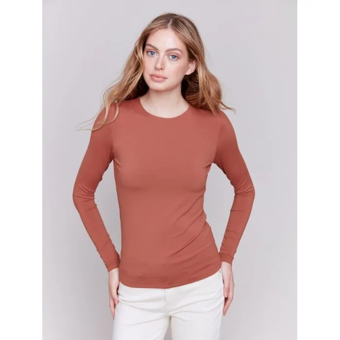 Super Stretch Long Sleeve Top Double Cloth Knit in Terracotta