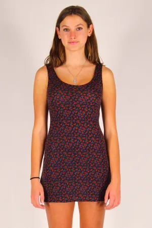 Tank Dress - Stretchy Black with Red Floral